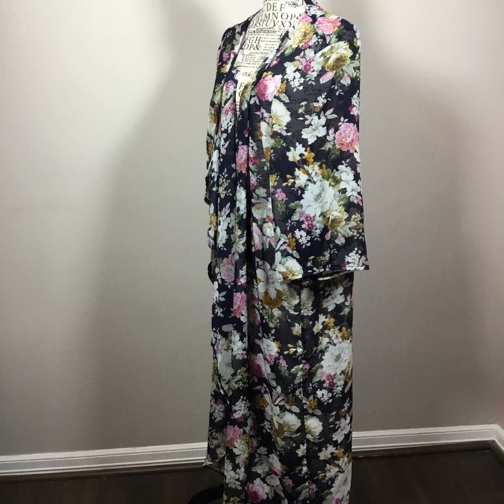 Floral open front black kimono robe duster very long floaty flowy sz 2XL - Picture 4 of 7